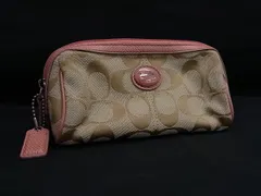 ■極美品■ COACH コーチ シグネチャー キャンバス×レザー ポーチ マルチケース 小物入れ レディース ベージュ系×ピンク系 DM1350