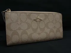 ■美品■ COACH コーチ F39673 シグネチャー PVC L字ファスナー 長財布 ウォレット 小銭入れ 札入れ カード入れ ベージュ系 DM1896