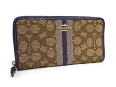 COACH コーチ F39139 シグネチャー キャンバス×レザー ラウンドファスナー 長財布 ウォレット ブラウン系×パープル系 DM1898