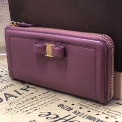 希少色✨GUCCI 長財布 シマレザー リボン ラウンドファスナー 紫