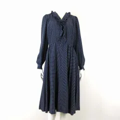 ルイシャンタン Lui Chantant ワンピース ロングワンピース シャツワンピ フレア 長袖 ドット 水玉 フリル襟 M 9 紺 ネイビー 白