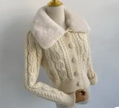 アイボリー ファー カラ ケーブル編み ケーブル ニット カーディガン