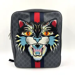 GUCCI GGスプリーム ウェビングライン GGスプリーム アングリーキャット ワッペン レザー×PVC ブラック×マルチカラー バックパック シルバー 478324