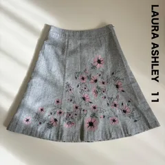 LAURA ASHLEY ローラアシュレイ☆フラワーお花刺繍Aラインフレアスカート 11号 グレー ピンク