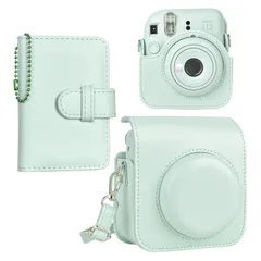 instax instax mini12 fujifilm ケース と28枚写真入れアルバム付き２点セット ショルダーストラップ付き チェキ12ケース PUレザー 12ケースFujifilm - mini グリーン チェキケース