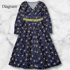【極美品】Diagram ダイアグラム 電話柄 ロングワンピース 38 M～L ネイビー イエロー 総柄 Vネック グレースコンチネンタル フレア ウエストマーク 着痩せ 美シルエット カーディガンやテーラードジャケットとの相性も◎ B0770