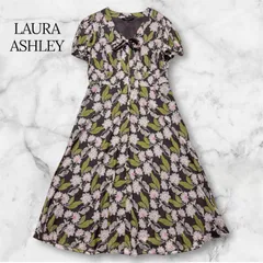 【極美品】LAURA ASHLEY ローラアシュレイ 花柄 ロングワンピース 13号 XL 大きいサイズ Vネック リボン 総柄 フラワー ボタニカル グレー 美シルエット華やか 裏地付き B0911