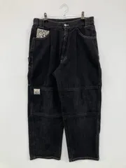 9090 ナインティナインティ デニムパンツ M ブラック フルレングス レオパード柄 ワンポイント 刺繍 ワイド・ルーズ ストレート レギュラー リジッド・ワンウォッシュ