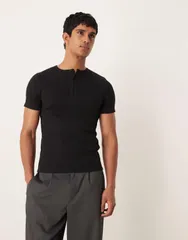 エイソス メンズ トップス Tシャツ リブニット ヘンリーネック ニット ASOS DESIGN super heavyweight muscle fitshirt withenley neck rib knit Black ブラック
