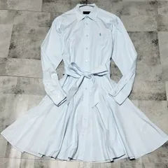 【美品】POLO RALPH LAUREN　フレア シャツワンピース サイズ4 М～L相当　ブルー 水色　Aライン ベルト付　綿・コットン ラルフローレン