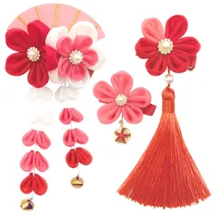 【数量限定】鈴付き 緑 成人式 紫 浴衣 青 袴 【4色展開】赤 着物 和玉 振袖用 可愛い 和装 桜デザイン 手作り 3点セット 専用ケース付き つまみ細工 卒業式 髪飾り 結婚式用 七五三 赤 [JZOON] H5808