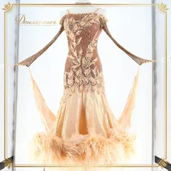 社交ダンス 衣装 スタンダードドレス ワンピース ドレス ファー 茶色 ゴールド 金 ブラウン デモ 競技 ダンス パーティ 発表会 ブラウン系 ゴールド系 お洒落 フワフワ エレガント レディース 発表会衣装 大人用 ステージ衣装 パフォーマンス
