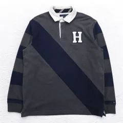 TOMMY HILFIGER 90年代 ラガーシャツ L グレー ネイビー コットン ロゴワッペン
