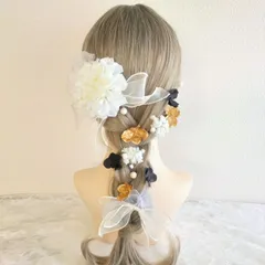 髪飾り＊成人式 卒業式 結婚式 ウェディング 振袖 袴 和装 前撮り~ダリア 小花 リボンヘア あみおろし ポニー~ブラックゴールド 黒 金 17本