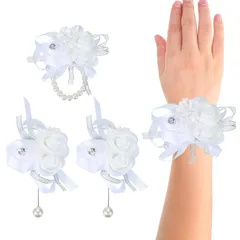 【人気商品】リストコサージュとブートニアセット 4個 ウェディング花嫁花嫁介添人花嫁と花婿 PATIKIL 母親とシルクローズリストパールフラワーセレモニーアニバーサリーディナーパーティーホームカミング ホワイト
