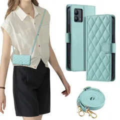 上質 チェック柄 開閉式 内蔵マグネット 財布型 耐摩擦 滑り防止 高級PUレザー 耐衝撃 薄型 軽量 マグネット式 カード収納 スタンド機能 ストラップ付き おしゃれ 手帳型 肩掛け ケース g13 g13 moto moto 斜め掛けーミントグリーン 5g