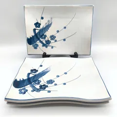 角皿・大皿・梅・手描き・染付・3枚セット・No.260219-05・梱包サイズ80