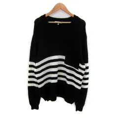 グローバルワーク GLOBAL WORK ニット カットソー 長袖 ラウンドネック ボーダー柄 L 黒 ブラック 白 ホワイト /SY38