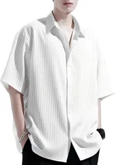 [アスペルシオ] ストライプ 襟付き 半袖 シャツ 総柄 快適 軽い トップス オシャレ ストリート メンズ 柄物 速乾性 白黒 上着 仕事 速乾 通気性 通勤 学生 通学 ドライ レトロ モード 爽やか ボタン 柔らかい  [ホワイト ストライプ] [XL]