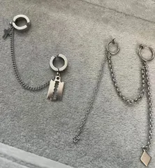 イヤーカフ イヤークリップ 二連 ロングチェーン 垂れ下がり ステンレス かっこいい ２点セット 片耳用 フェイクピアス アクセサリー 韓国ファッション