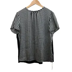 23区 オンワード樫山 タグ付き 半袖ブラウス 丸首 ストレッチ素材シアー切替え ストライプ プリント ネイビー系 ブラック系 サイズ38 M相当