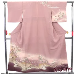 訪問着 袷 レディース 正絹 桃 風景柄 籠目 松 落款 身丈157cm 裄丈64cm 結婚式 式典 パーティ Mサイズ相当