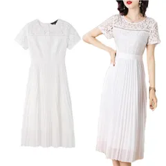 再入荷 レースワンピース レディース 夏 プリーツワンピース ロングワンピース ウエストゴム 半袖 丸襟 大きサイズ ミディアム丈 ホワイト シフォンワンピース 無地 フレアワンピース シンプル カジュアル #