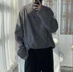 再入荷 Tシャツ メンズ ハイネック ロングTシャツ ボーダー柄 長袖 ティーシャツ ロンT インナーシャツ カジュアル#