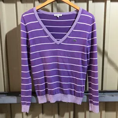 1975 LACOSTE セーター パープル size38 M ラコステ ニット コットン ボーダー柄 ワンポイント 刺繍ロゴ 古着卸 アメリカ仕入