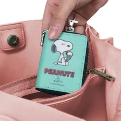 キーケース スマートキーケース スヌーピー ブルー 車 カー用品 （ キーレスキーケース キーカバー キーポーチ クリア窓付き ボタン操作可能 キーリング付き コンパクト カラビナ付き ゴムベルト付き 鍵 かぎ スマートキー ）)