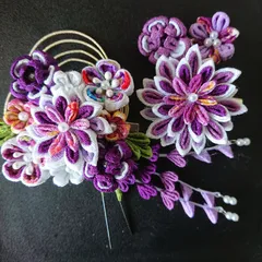 つまみ細工の髪飾りセット/紫系/赤紫系メイン/成人式/結婚式/卒業式/七五三