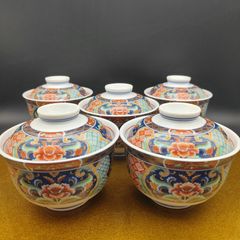 美濃焼 喜峰窯 蓋付き碗 5客セット 染錦 豪華絢爛 煮物碗 茶碗蒸し