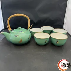 ◎【中古】 香蘭社 急須 湯呑 5客 セット 緑 蝶々柄 