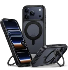 ★NIMASO iPhone 17 Pro 用 ケース 縦横両対応 360°回転スタンドケース いphone17pro 用 MagSafeアクセサリー対応 カメラコントロールカバー 携帯スマホケース  ブラック（黒羽シリーズ）NSC25F1667