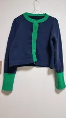 ネイビー グリーン バイカラー クロップド カーディガン
