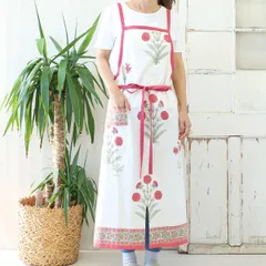 エプロン 綿100％ ブロックプリント ピンク 花柄 ポケット付き （ スリット入り キッチンエプロン 台所エプロン カジュアルエプロン 大人用 コットン 綿 レディース キッチン用品 おしゃれ ）)