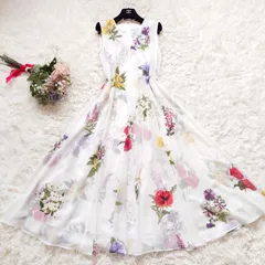 美品　完売品　ダイアグラム　グレースコンチネンタル　ボタニカルレイヤードワンピース　ロング　マキシ丈　ドレス　フラワー　花柄　ノースリーブ　フレア　Vネック　マルチカラー　シフォン　ホワイト　白　36　S　リゾート　バケーション