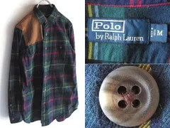 Polo by Ralph Lauren ラルフローレン ラムレザーガンパッチ コットン チェックシャツ ネルシャツ M ネイビー グリーン 紺 緑 国内正規品