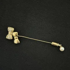 リボンモチーフ スティックピン ラインストーン パール ゴールドカラー　260223003