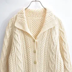 Hand Made ハンドメイド フィッシャーマン ニット カーディガン ケーブル編み アランニット 襟付き 北欧 手編み ヴィンテージ ビンテージ 古着 レディースM相当
