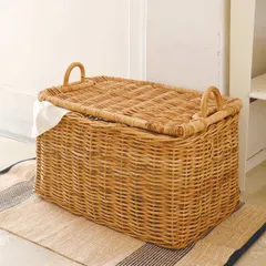 バスケット アラログ ストックバスケット ラタン （ かご 収納 皮付き カゴ 長方形 天然素材 アジアン雑貨 ハンドメイド 収納かご 藤 小物収納 大きい フタ付き 手編み 小物入れ おしゃれ インテリア ランドリー 玄関 リビング ）)