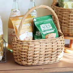 バスケット アラログ グリーンバスケット オーバル ラタン （ かご カゴ 収納 皮付き 天然素材 アジアン雑貨 ハンドメイド 収納かご 丸 藤 小物収納 持ち手付き 果物 手編み 小物入れ おしゃれ インテリア 見せる収納 ）)