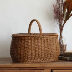 バスケット ユティル オーバルピクニックバスケット 洗える （ かご 収納 カゴ 天然素材風 フタ付き 手編み 水洗い 収納かご 持ち手付き 小物収納 小物入れ ピクニック おしゃれ ハンドメイド キッチン 水周り インテリア 雑貨 ）)