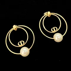 美品★Christian Dior クリスチャン ディオール ピアス トライバル Tribales シグネチャー パール CDロゴ フープ 2連 サークル スウィング 揺れる