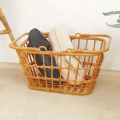 ユグラ マーケットバスケット ラタン （ バスケット かご 収納 カゴ 長方形 天然素材 アジアン雑貨 ハンドメイド 収納かご 藤 小物収納 皮付きラタン 手編み 小物入れ おしゃれ インテリア 玄関 リビング キッチン 持ち手付き ）)