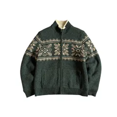 L.L.Bean / エルエルビーン ジップアップカーディガン 羊毛100% 裏ボア 北欧柄 グリーン Lサイズ 美品