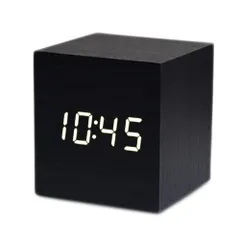 ナチュラル風 音声感知 温度表示 おしゃれ カレンダー付き アラーム 省エネ 三段階輝度調節 木目調 USB充電 多機能置き時計 デジタル キューブ型 目覚まし時計 LED (黒・白字) BigFox