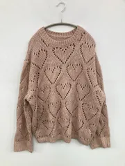 ニット/セーター M ピンク ニット レース ミドル丈 長袖 クルーネック(丸首)