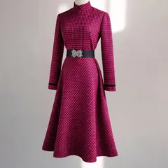 70s 80s ヴィンテージ 日本製 フレアワンピース チェック スタンドカラー クラシカル レトロ ウール ワンピ 古着