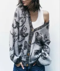 ZARA ザラ カーディガン/ボレロ L グレー ニット その他総柄 ミドル丈 長袖